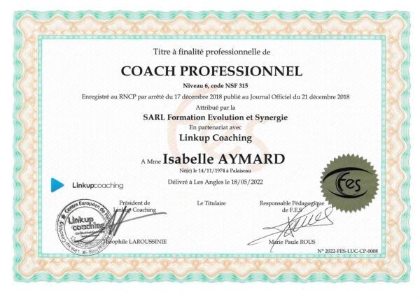 Certification RNCP de Coach Professionnel d'Isabelle Aymard
